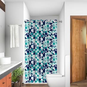 Cortina de Box Estampada Geométrica Com Ilhós - Diversos Modelos Azul Verde