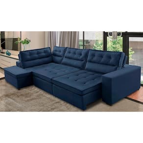 Sofá de Canto Retrátil e Reclinável com Molas LE 3,40x2,00m Viviane Suede Azul Madelina Decor