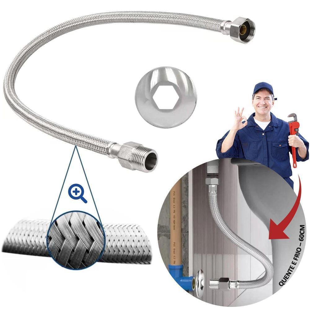 Engate Mangueira Flexível Trançado Aço Inox 60Cm Quente Fria