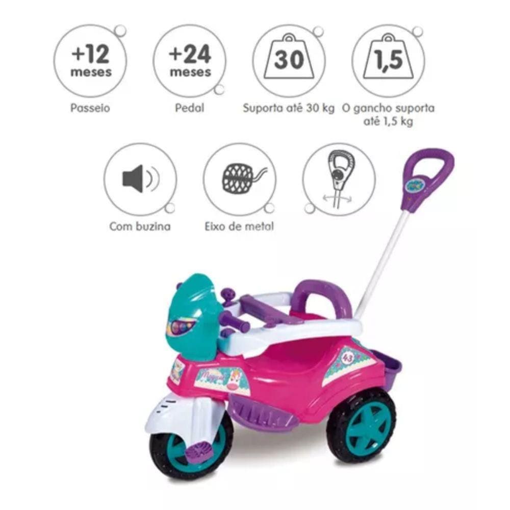 Triciclo Motoca Infantil Passeio com Empurrador Pedal Capota - Sua