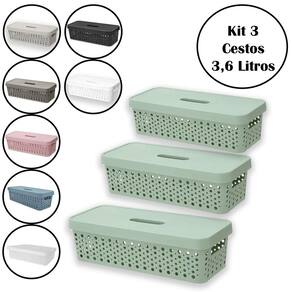 Kit 3 Cestos Organizador 3,6 Litros Multiuso Com Tampa