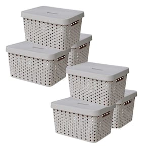 Kit 6 Cesto Organizador Multiuso Trama Rattan 17 Litros Com Tampa Branco / Cinza / Marrom / Preto / Rose / Verde