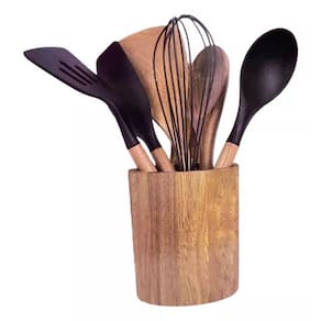 Conjunto De Utensilios 7 Peças Em Madeira E Silicone - Delux