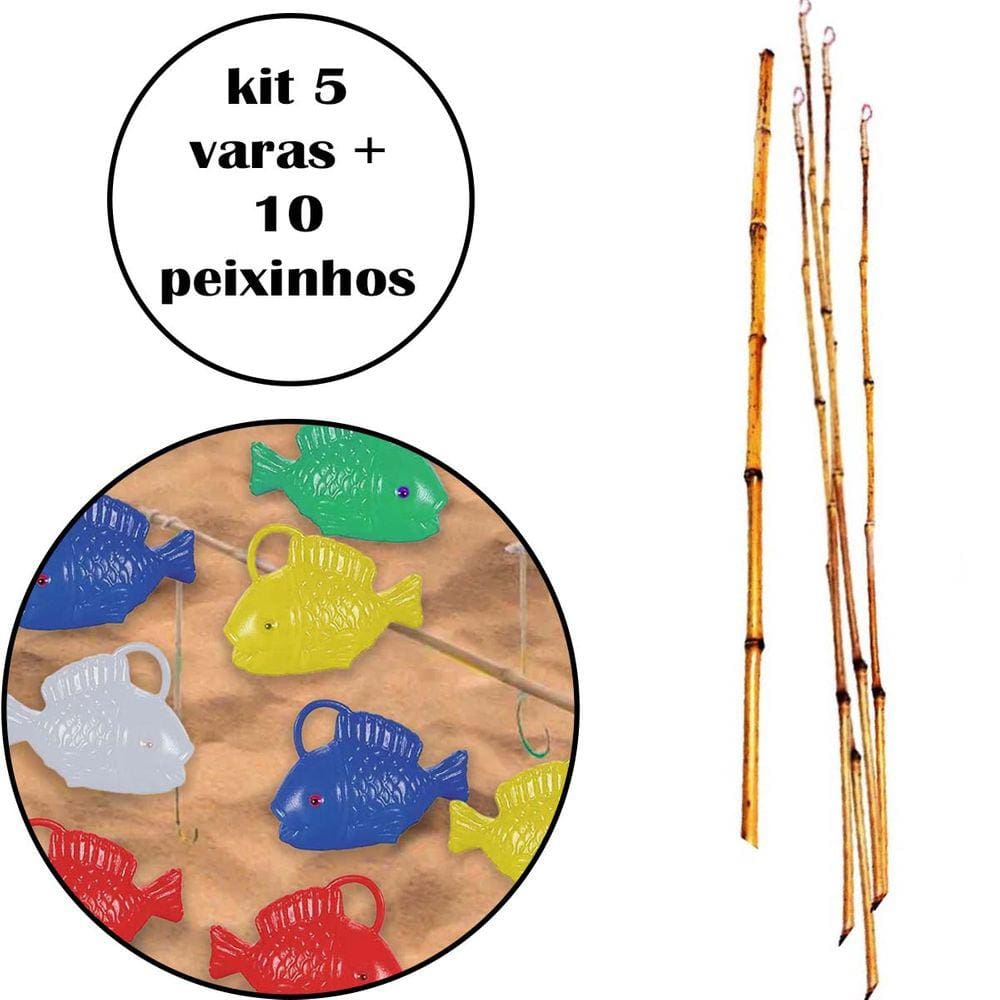 Kit 5 Varas Pesca Festa Junina com 10 Peixinhos Pescaria