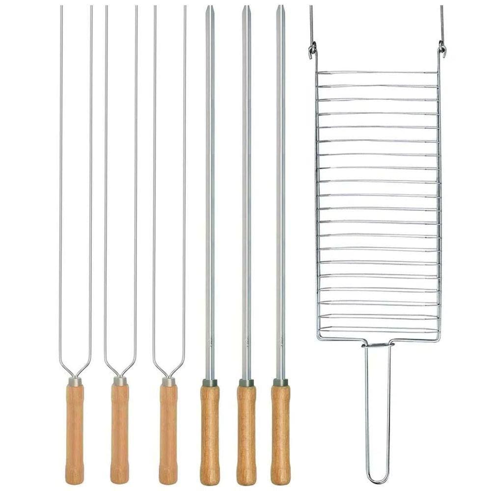 Kit Preparo Churrasco Grelha Espetos 3 Simples E 3 Duplo Mor