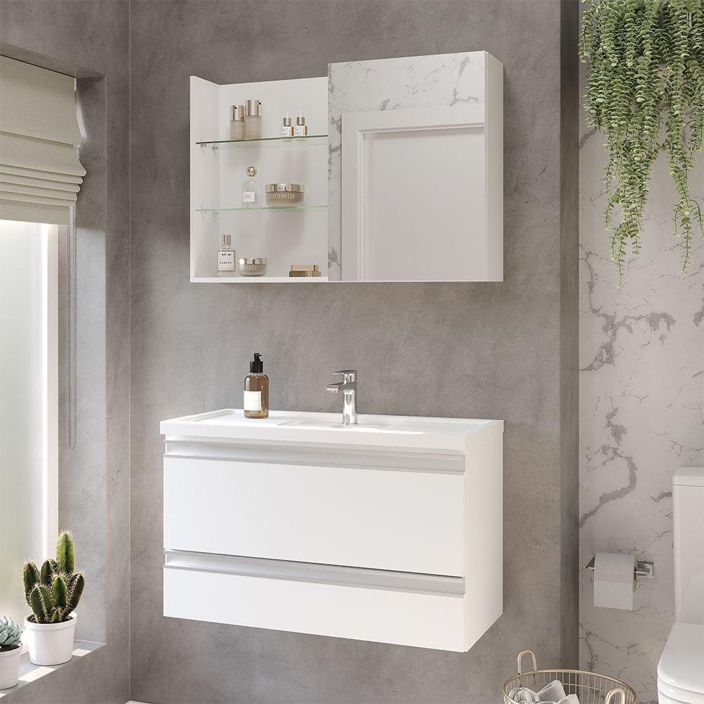 Gabinete Suspenso com Cuba Treviso 80cm e Espelheira Jasmim 80cm Branco MGM