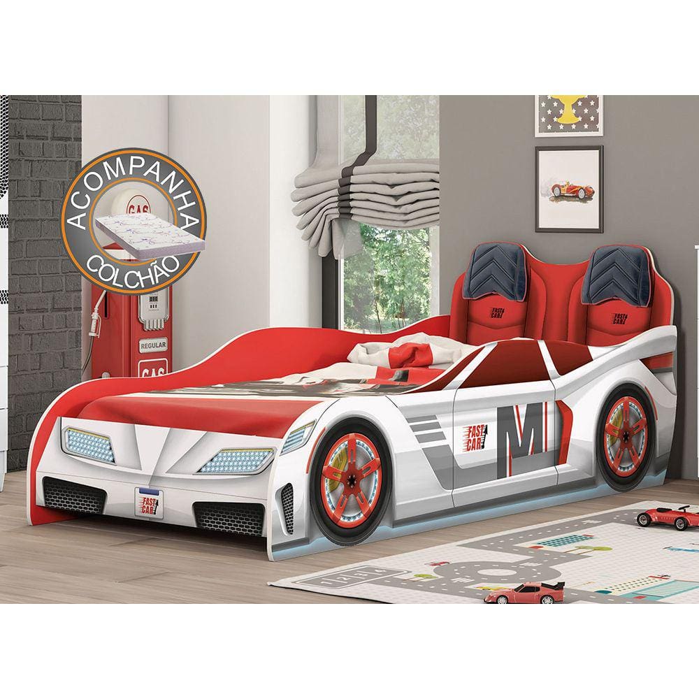 Cama Infantil Carros Fast Car Branco/ Vermelho Móveis Estrela c/ Colchão Ortobom