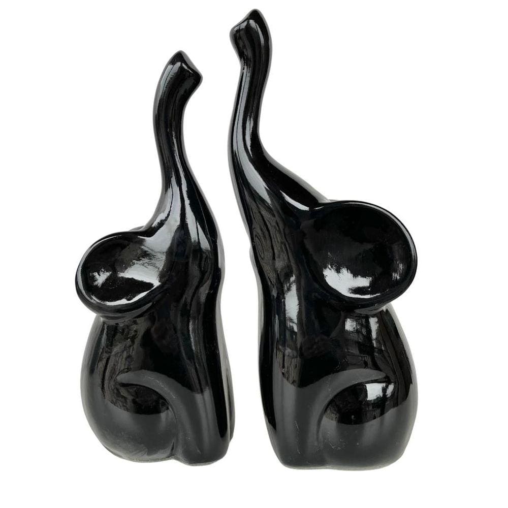 Dupla escultura elefante preto mãe e filho de cerâmica