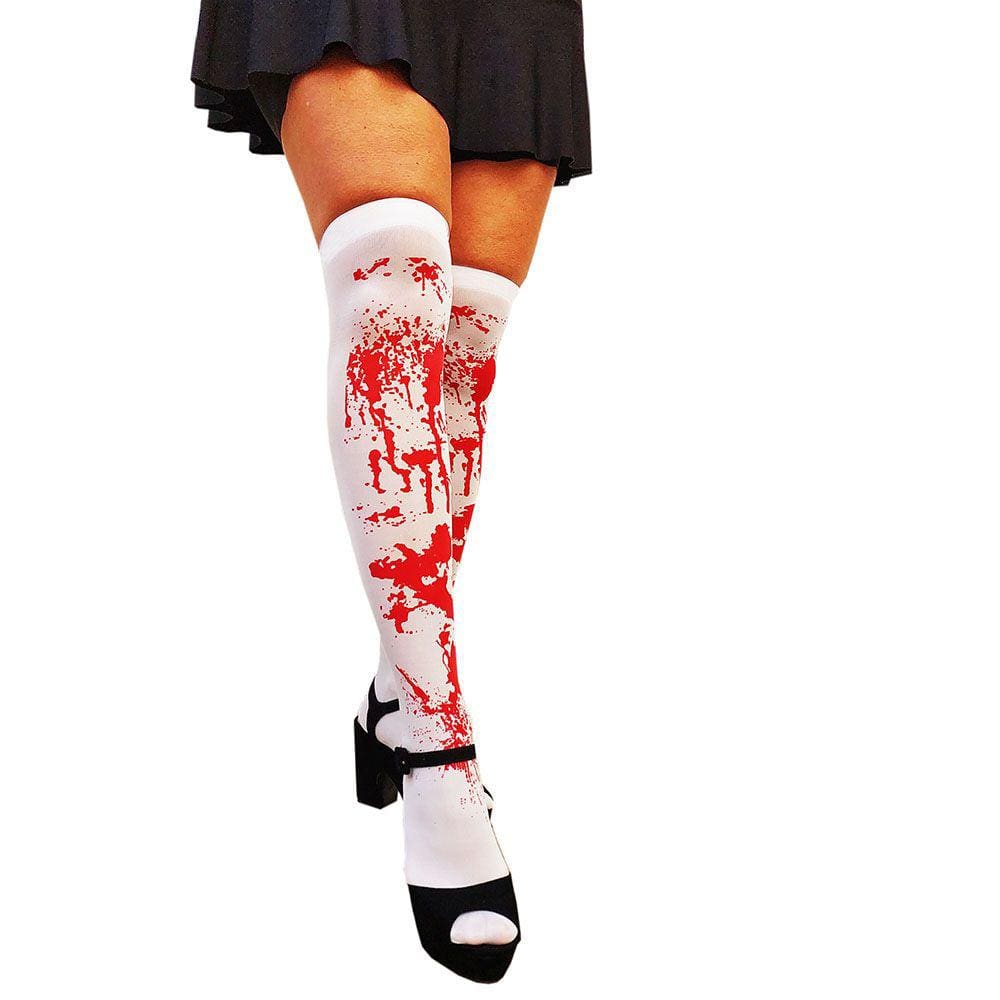 Meia 7/8 Longa Adulto Festa Fantasia Halloween: Modelo Branca Manchada de Sangue