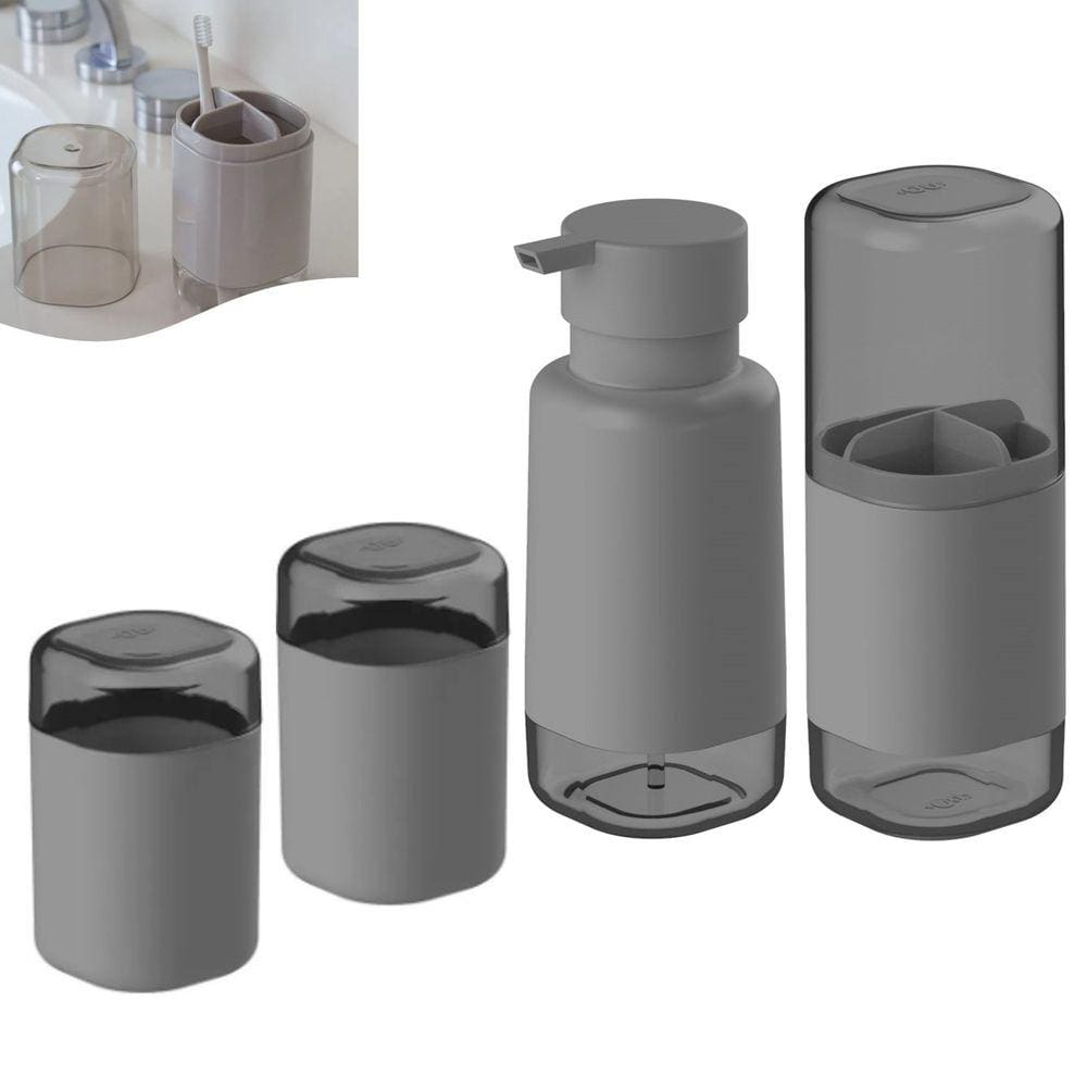 Kit Dispenser Sabonete Líquido Suporte Escova Creme Dental 2 Porta Algodão Banheiro Cinza Dual Ou