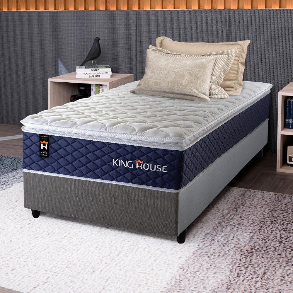 Conjunto Cama Box c/ Molas Ensacadas Lagras Azul Solteiro 88x188x66
