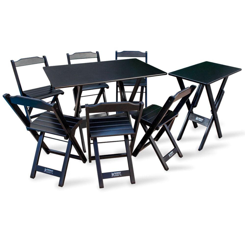 Jogo De Mesa Dobrável 1,10x70 Com 6 Cadeiras E Mesa Aparador Tarimatã - Preto