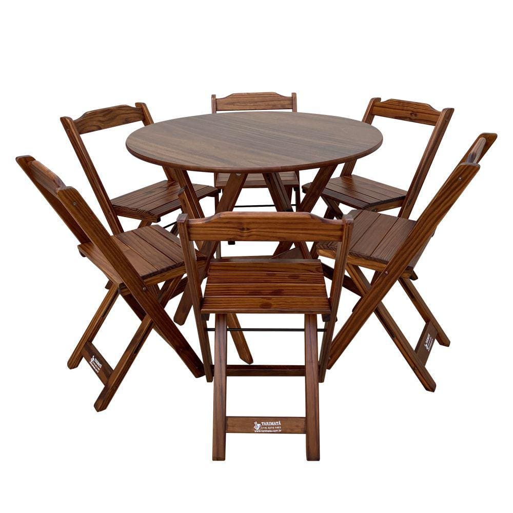 Mesa Dobrável de Madeira Redonda 90cm com 6 Cadeiras Imbuia - Tarimatã