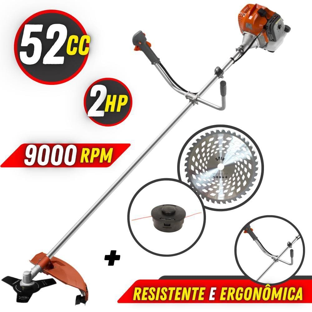 Aparador de Grama Á Gasolina Tekna RL520AC TK 52cc Com KIT Completo de Multifunções de Corte Faca 3 Pontas, Disco 40 Dentes e Carretel Fio Nylon