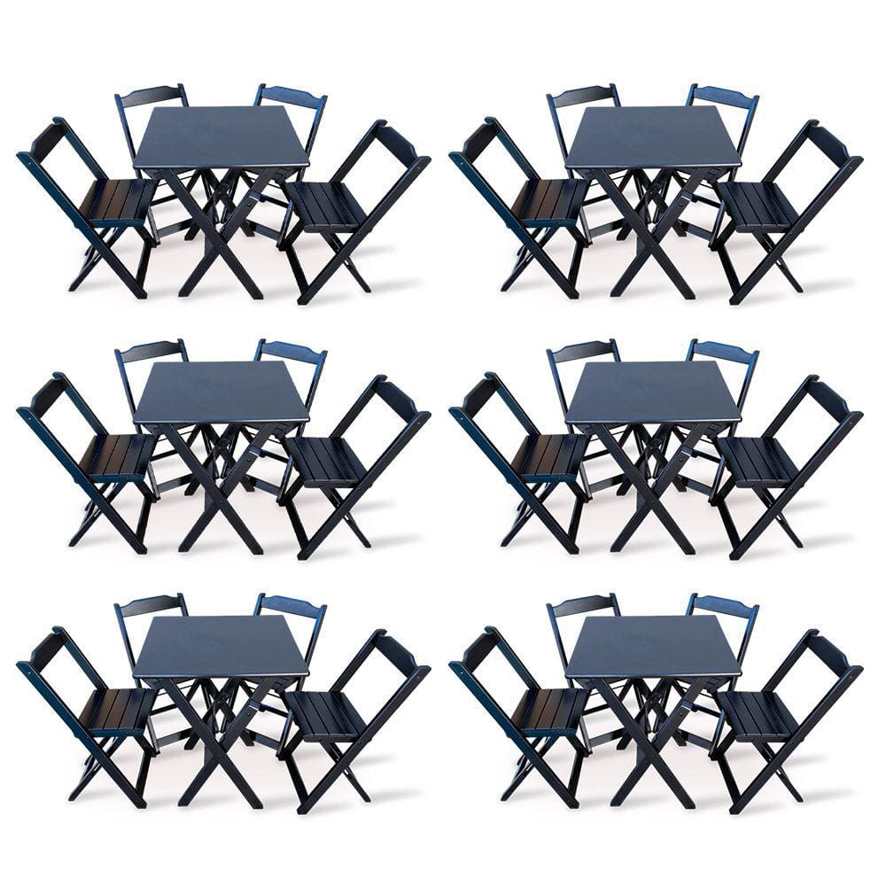 Kit 6 Conjunto com Jogo de Mesa 70x70 com 4 Cadeiras Dobráveis - Preto