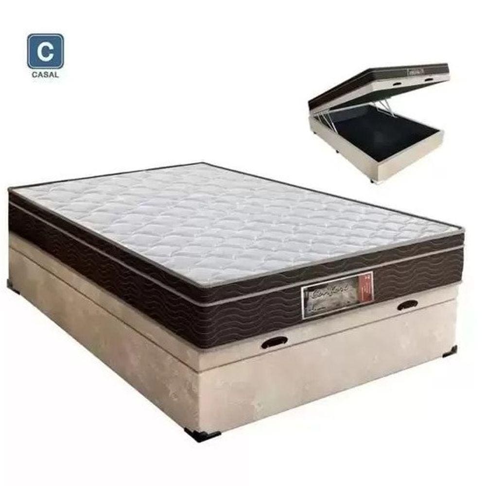 Cama Box Baú Casal Conforto Suede Bege + Colchão Casal Conforto Espuma D23 Com EPS 20x138x188