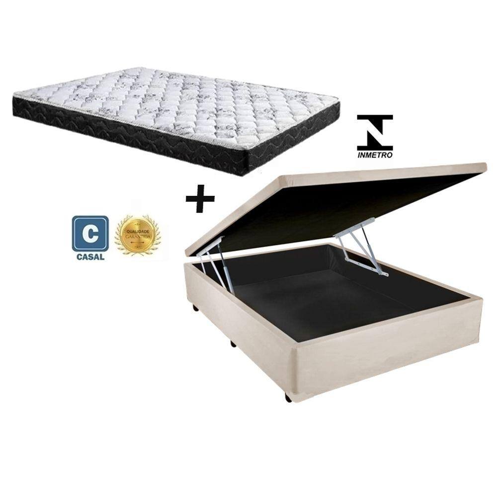 Cama Box Baú Casal Conforto Suede Bege + Colchão Casal Conforto Espuma D23 Com EPS 17x138x188
