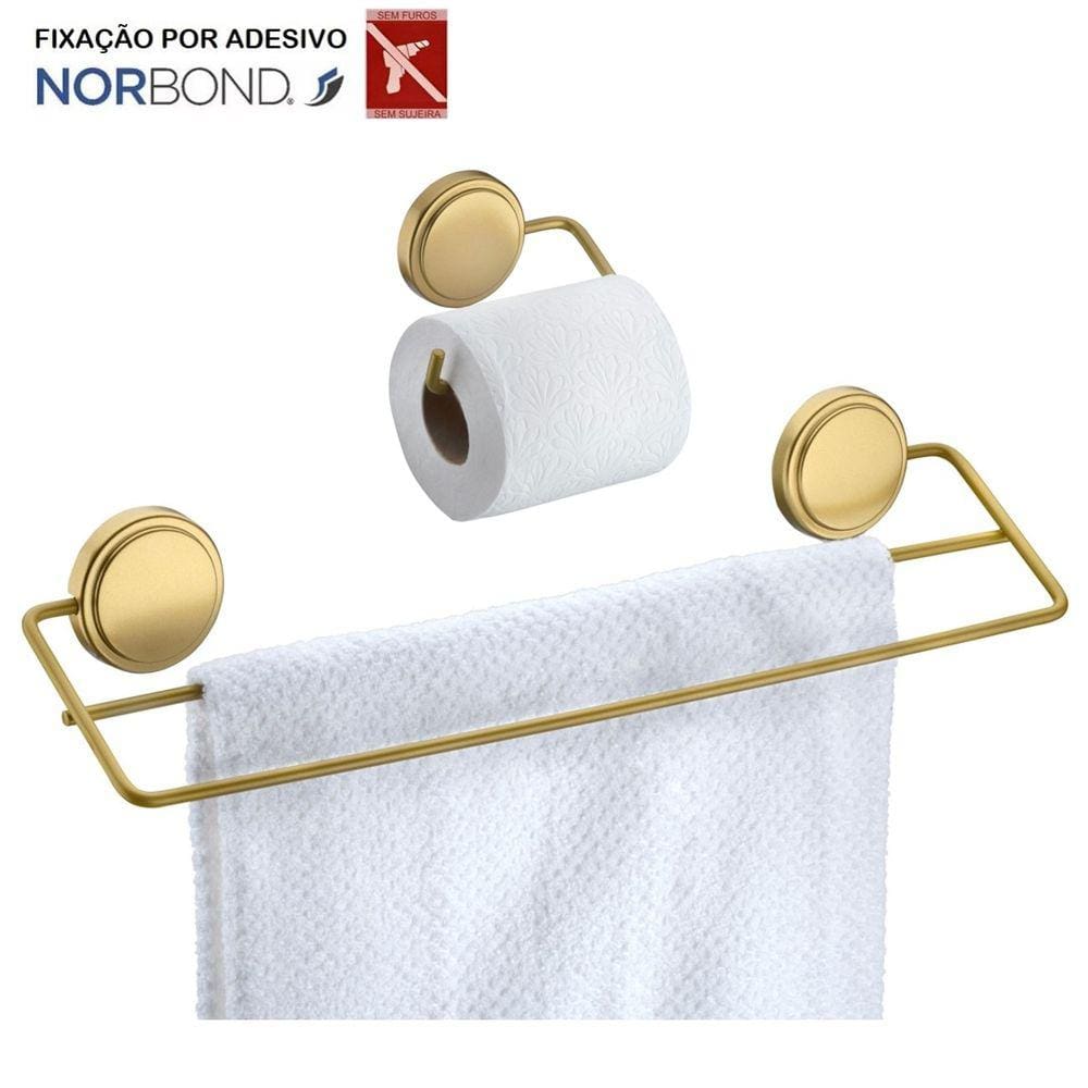 Kit Toalheiro Duplo Porta Toalha Suporte Papel Higiênico Adesivo Dupla Face Banheiro Dourado - Future