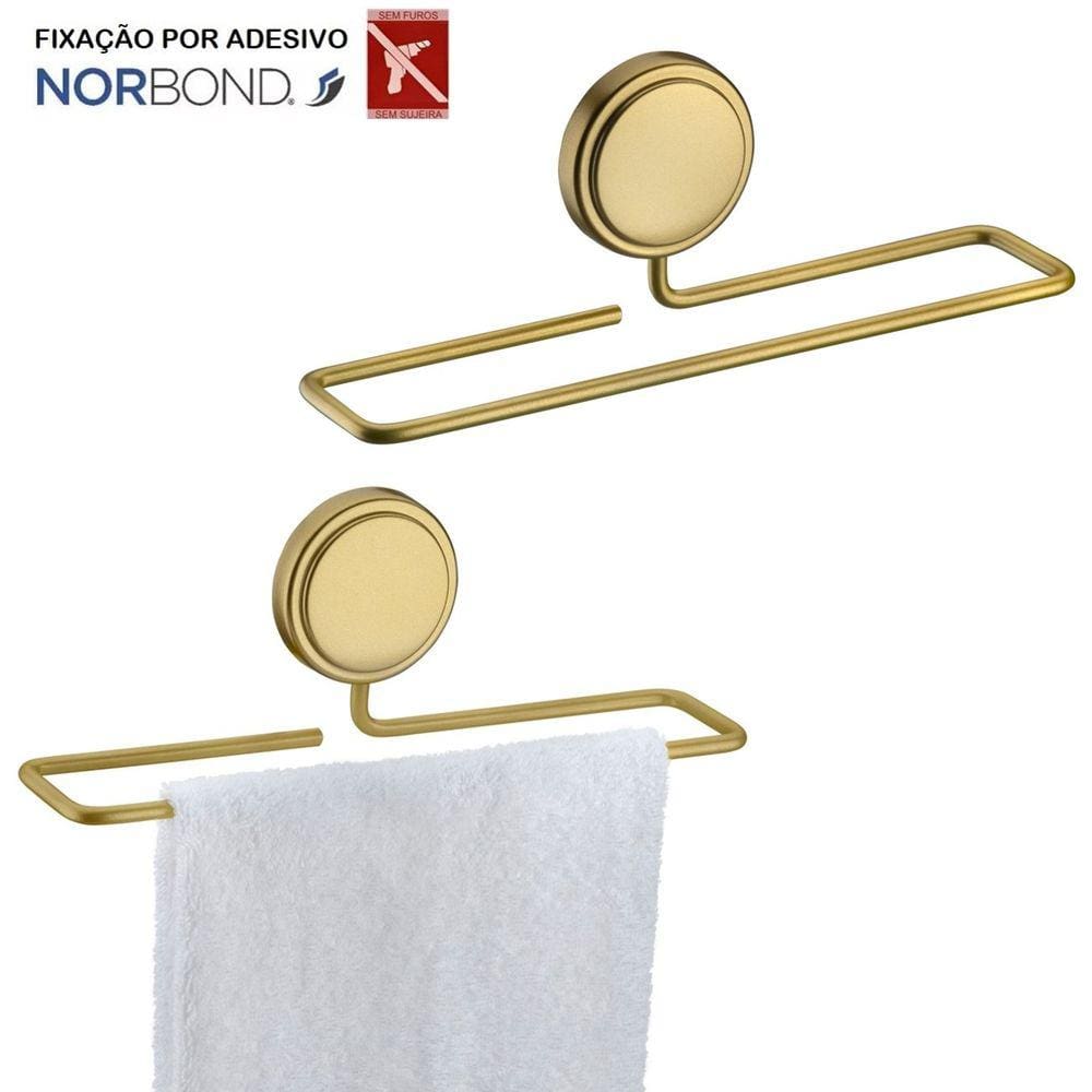Kit 2 Suporte Porta Toalha Toalheiro 25cm Adesivo Dupla Face Banheiro Dourado - Future