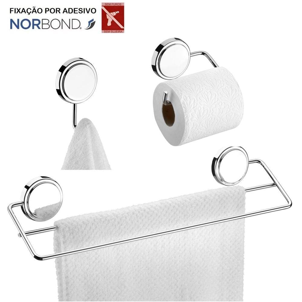 Kit Toalheiro Duplo Suporte Papel Higiênico Gancho Porta Toalha Adesivo Dupla Face Banheiro Cromado - Future