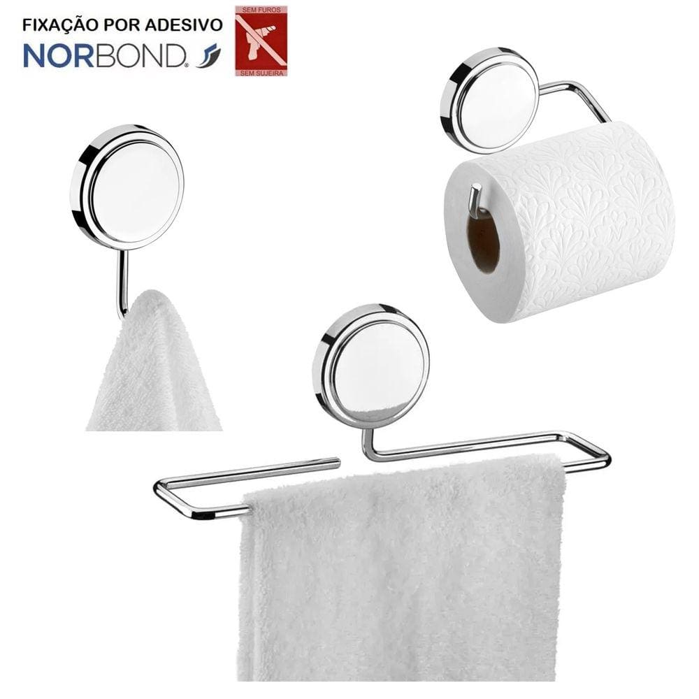 Kit Toalheiro Rosto Suporte Papel Higiênico Gancho Porta Toalha Adesivo Dupla Face Banheiro Cromado - Future