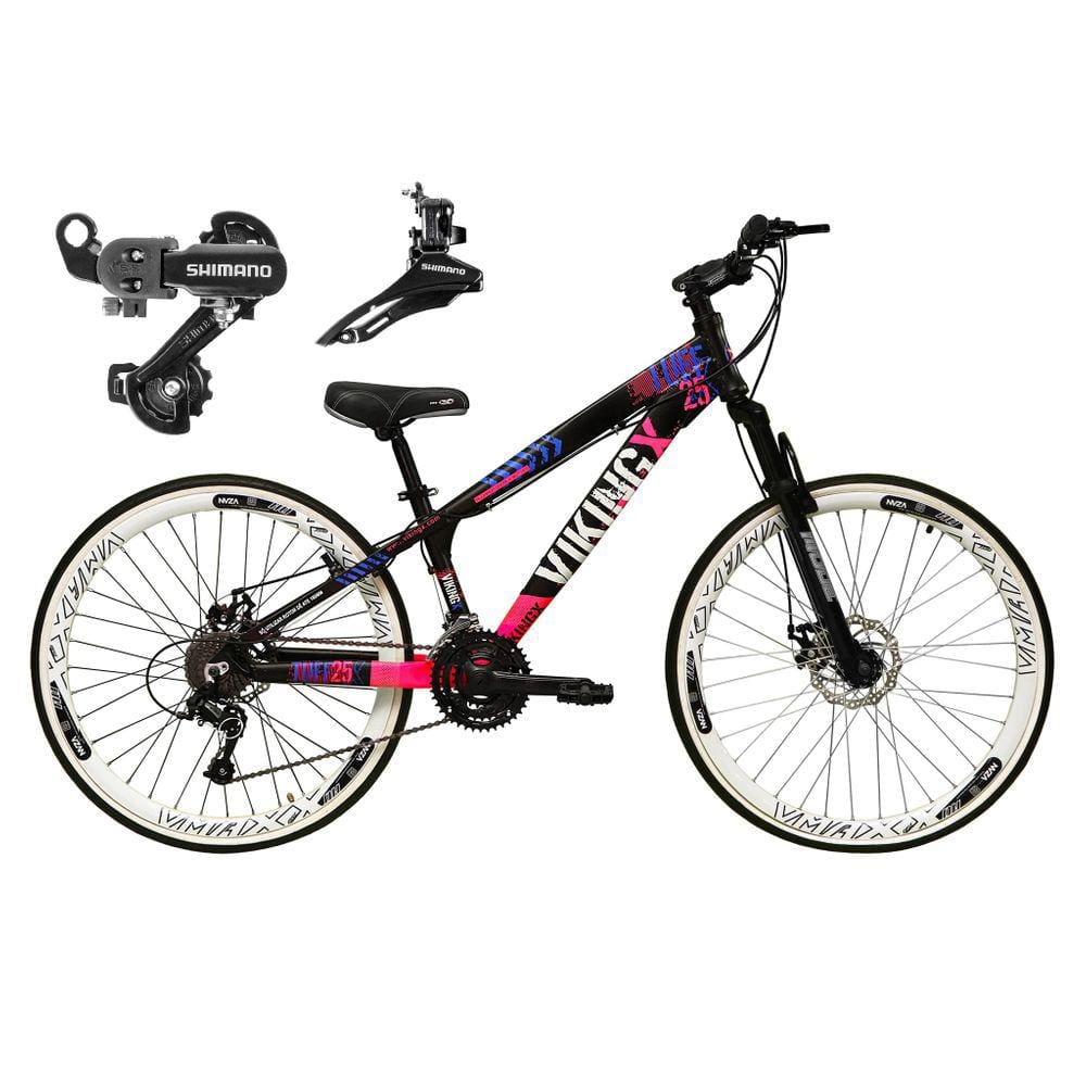 Bicicleta Aro 26 Vikingx Tuff 21v Alumínio Câmbio Shimano Freio a Disco Aros Vmaxx Branco - Preto\\Rosa X25