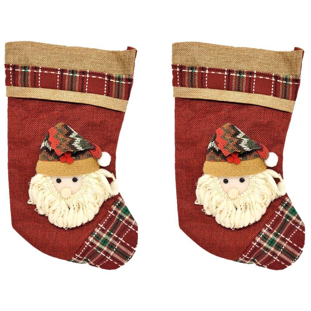 Kit 2 Botas Natalina Tecido Vinho e Xadrez 35cm Papai Noel - Master Christmas
