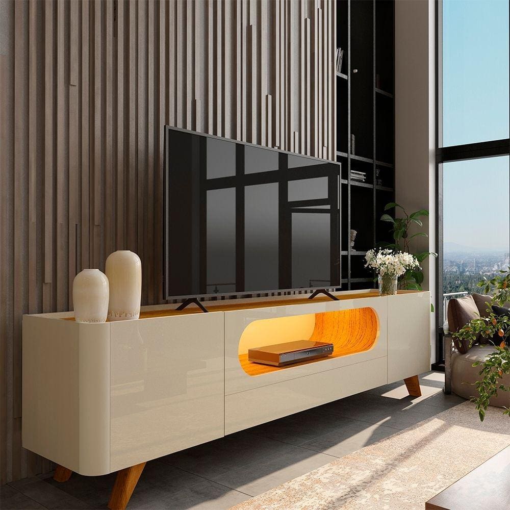 Rack para TV com LED Nobre 210 Pés Madeira Off White Naturale - Gelius