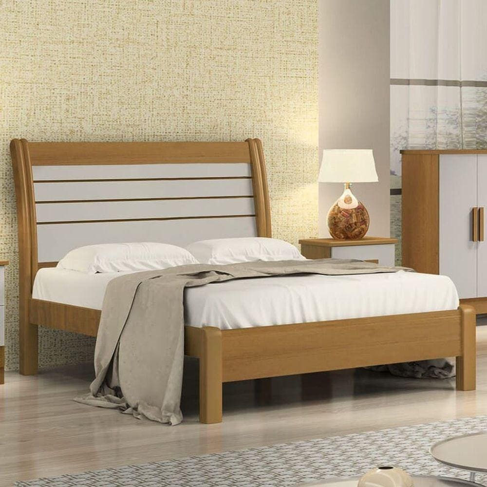 Cama Casal com Detalhe Ripado - Esmeralda Queen-Cinamomo/Off White - Móveis D`Doro