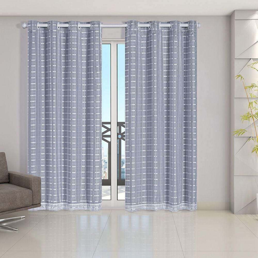 Cortina Blackout prata com Voil Xadrez 2,80 m x 2,30 m Branco
