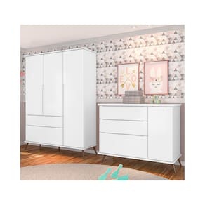 Quarto de Bebê Cômoda Infantil e Guarda Roupa Infantil 3 Portas e 2 Gavetas Melissa Retrô 100% MDF Cor Branco - Phoenix