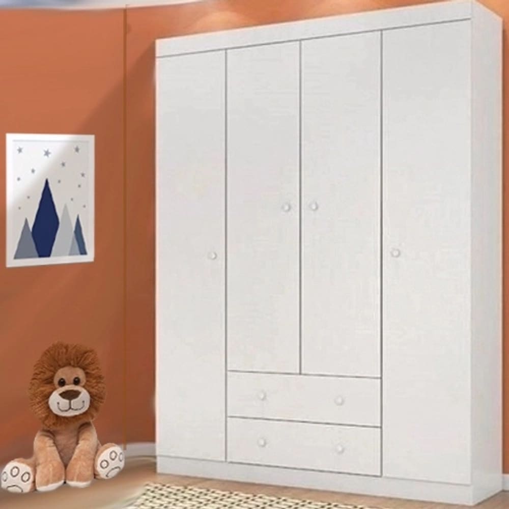 Guarda Roupa Infantil Helena 4 Portas 2 Gavetas Cor Branco Brilho - Phoenix Baby