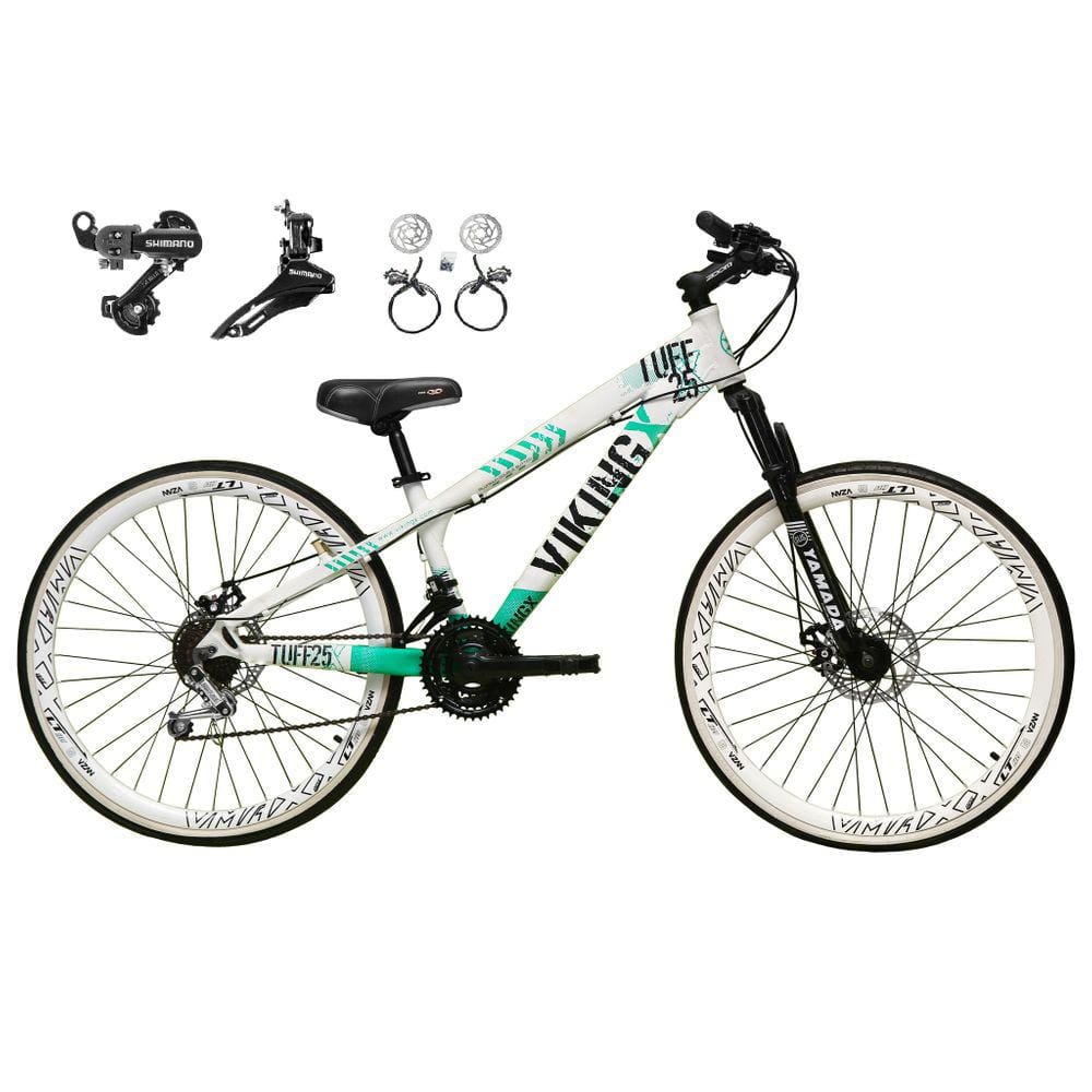 Bicicleta Aro 26 Vikingx Tuff 21v Alumínio Câmbios Shimano Freio a Disco Hidráulicos Aros Vmaxx Branco - Branco\\Verde X25