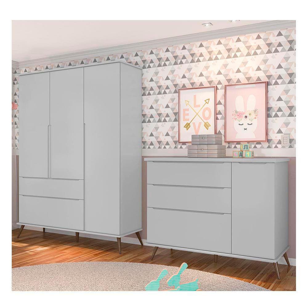 Quarto de Bebê Cômoda Infantil e Guarda Roupa Infantil 3 Portas e 2 Gavetas Melissa Retrô 100% MDF Cor Cinza - Phoenix B