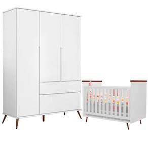 Quarto de Bebê Berço Americano Baby Wood e Guarda Roupa Infantil Melissa 100% MDF Cor Branco com Amadeirado Phoenix Baby