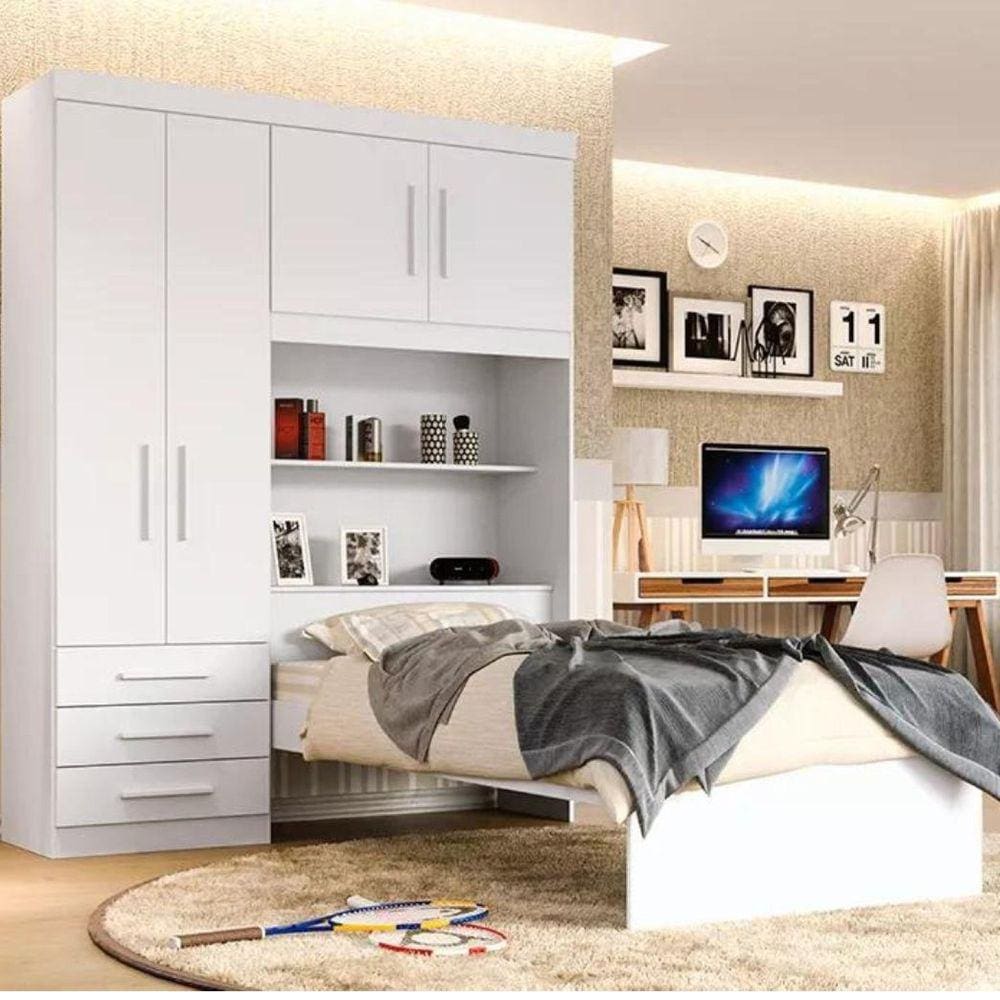 Guarda Roupa Solteiro com Cama Solteiro 4 Portas 3 Gavetas Advantage Batrol Móveis Branco