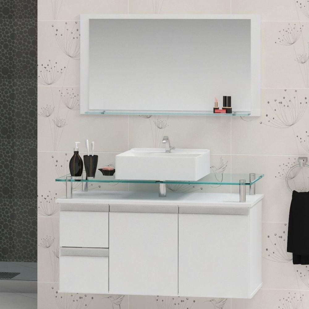 Conjunto para Banheiro Gabinete com Cuba e Espelheira 80cm Diamante Contarini Branco