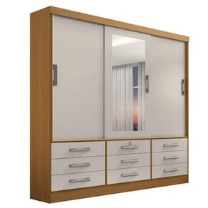 Guarda Roupa Casal com Espelho 3 Portas 9 Gavetas - Meridian -Cinamomo/Off White - Móveis D`Doro