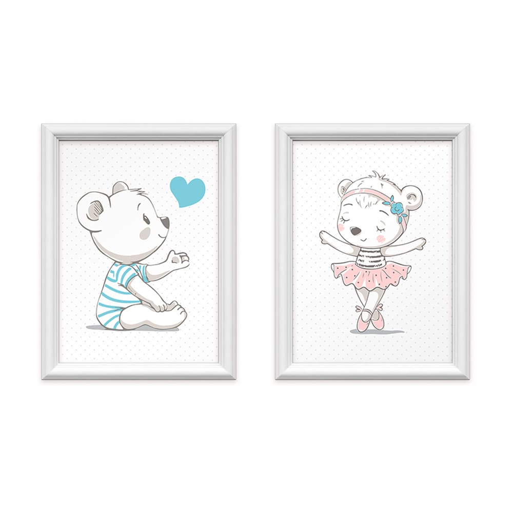QADR58-Kit 2 Quadros Decorativos Irmãos Ursinhos 34x44cm