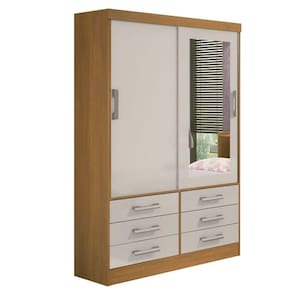 Guarda Roupa Solteiro com Espelho 2 Portas 6 Gavetas - Meridian -Cinamomo/Off White - Móveis D`Doro