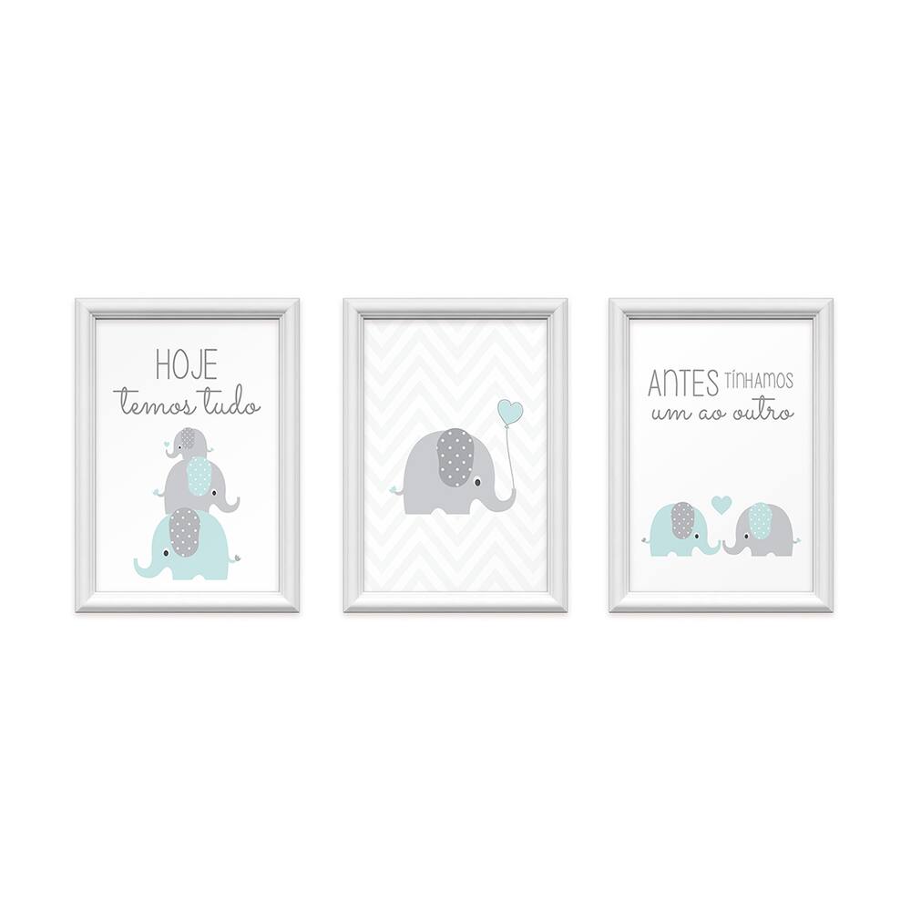Kit 3 Quadros Decorativos Familia Elefantes 24x34cm