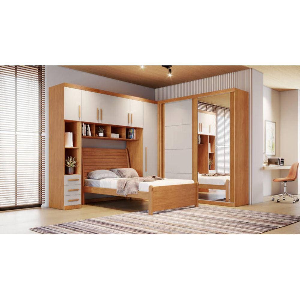 Modulado casal MDF espelho Cama Siena 2,99x2,21m - Luna-Nature/Off - Bianchi Móveis