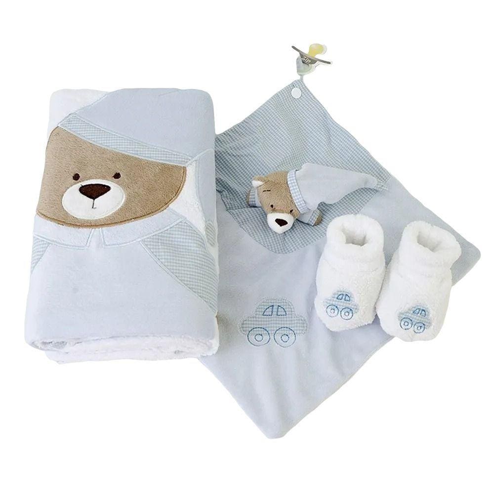 Kit Presente Urso Nino Azul Naninha Manta Pantufa Zip Toys