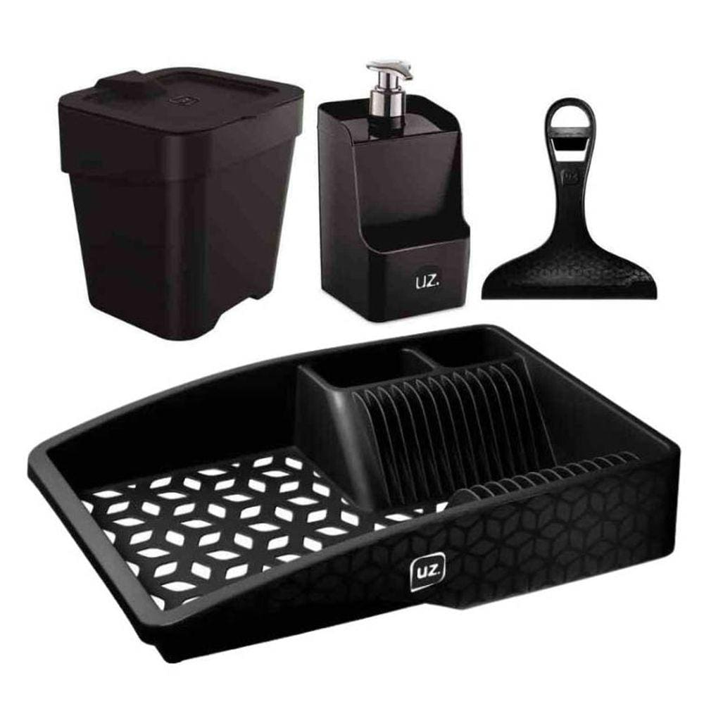 Kit 4 Peças Para Pia Cozinha Com Lixeira Rodinho E Escorredor Slim UZ
