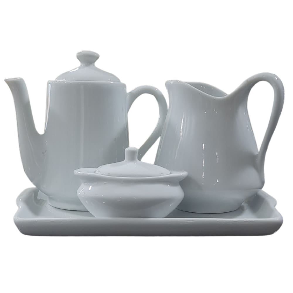 Jogo Café e Chá Mesa Posta, Bandeja + Bule Bico Longo 550ml + Açucareiro100ml + Jarra Leiteira 700ml - Kit Porcelana