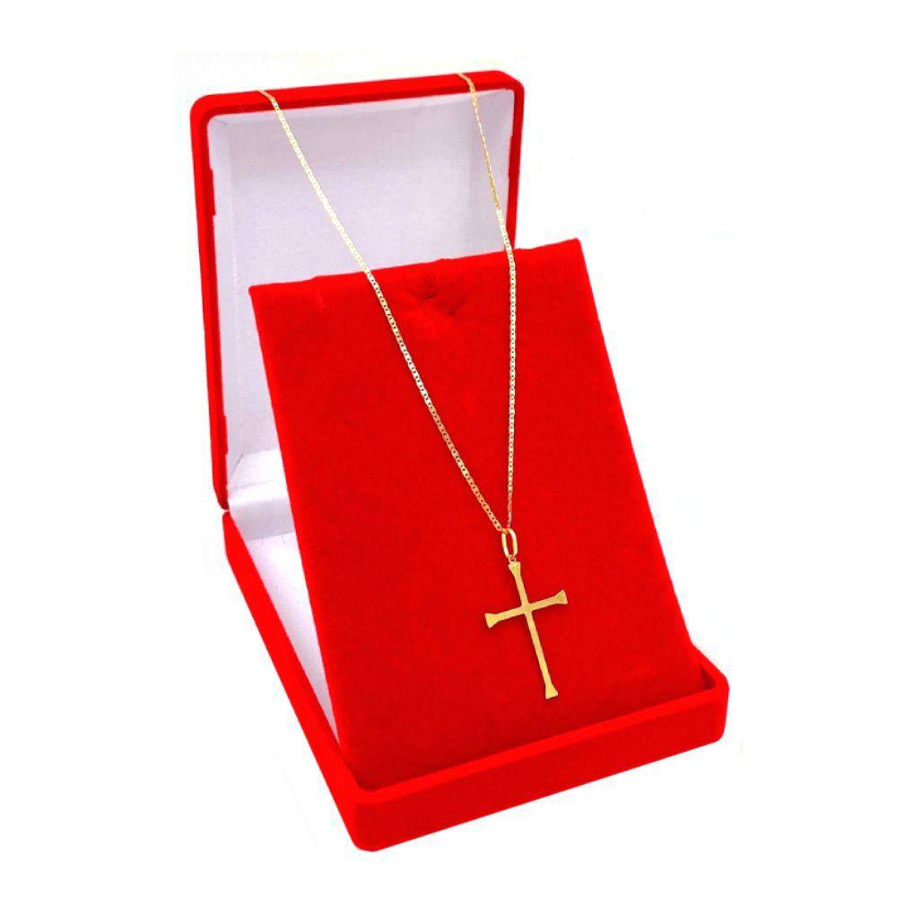Corrente De Ouro Masculino 70cm 18k Piastrine E Crucifixo