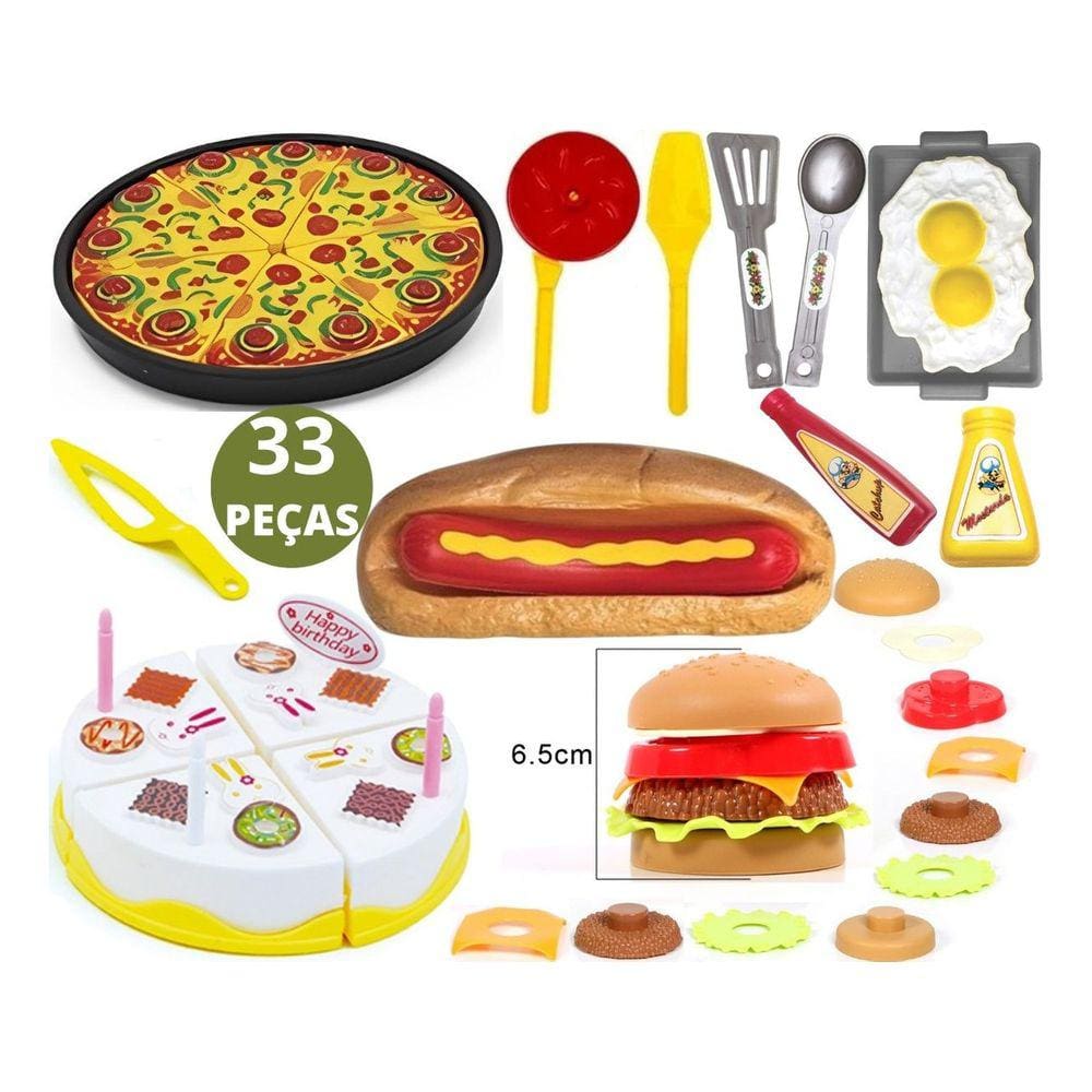 Comidinha De Brinquedo Sanduiche Pizza Bolo Kit Cozinha Masterchef Infantil 33pçs