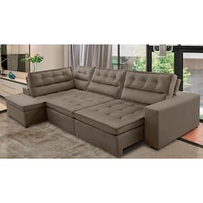 Sofá de Canto Retrátil e Reclinável com Molas LE 3,00x2,00m Viviane Suede Marrom Madelina Decor