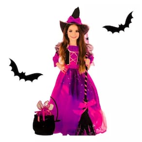 Fantasias Bruxinha Kit Vestido de Tule Chapéu Hallowen