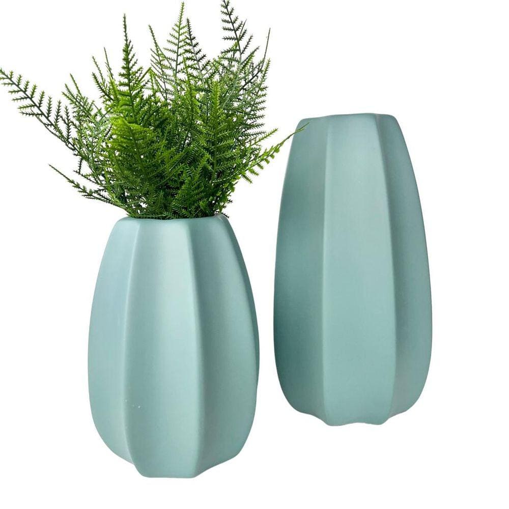 Dupla vaso centro de mesa alto relevo verde c/ planta decor